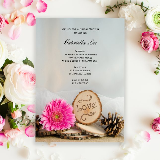 Invitation Fête des mariées bois rose rustique (Créateur téléchargé)
