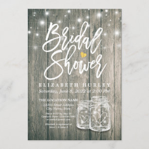 Invitation Fête des mariées Bois rustique Mason Jar Lumières 