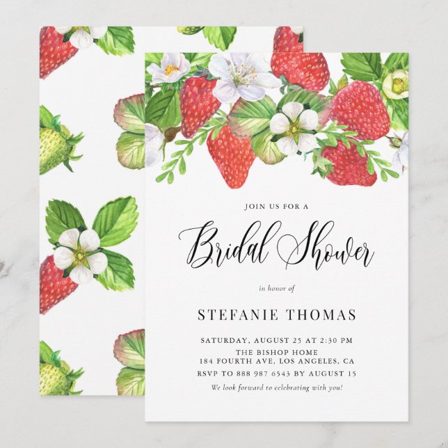 Invitation Fête des mariées botanique des fraises d'aquarelle (Devant / Derrière)