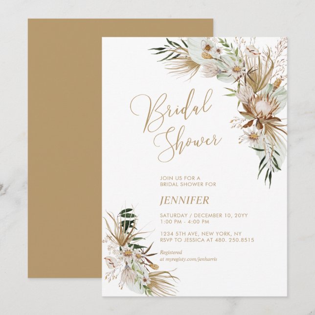 Invitation Fête des mariées botanique Green & Gold Boho (Devant / Derrière)