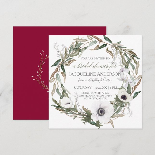 Invitation Fête des mariées Bourgogne Anémone Olive Leaf Wrea (Devant / Derrière)