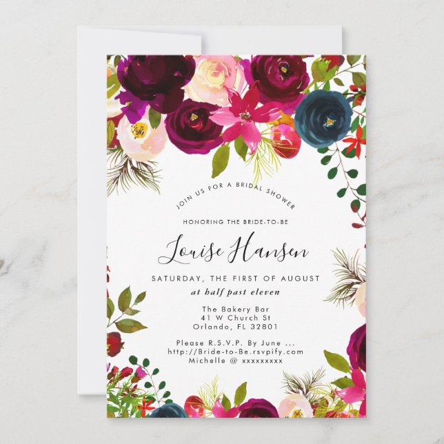 Invitation Fête des mariées, Bourgogne, Aquarelle Blush+Navy (Devant)