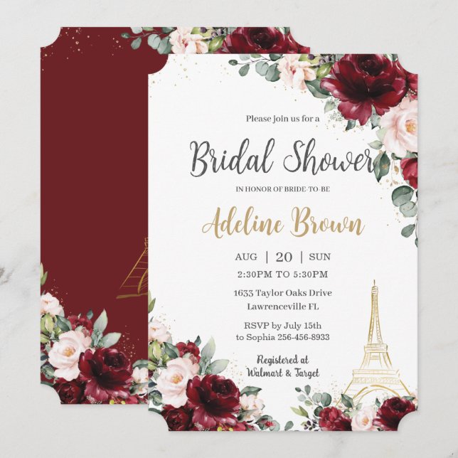 Invitation Fête des mariées Bourgogne Blush Floral Eiffel Par (Devant / Derrière)
