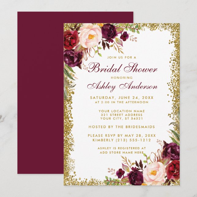 Invitation Fête des mariées Bourgogne Floral Gold Parties sci (Devant / Derrière)