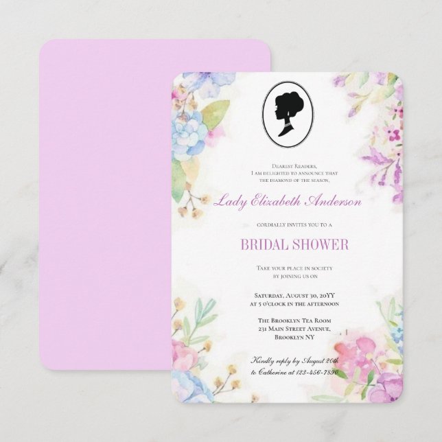 Invitation Fête des mariées Bridgerton Fleur sauvage violet b (Devant / Derrière)