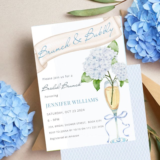 Invitation Fête des mariées Brunch & Bubbly Blue Hydrangea (Brunch and Bubbly Hydrangea Bridal Shower Invitation)