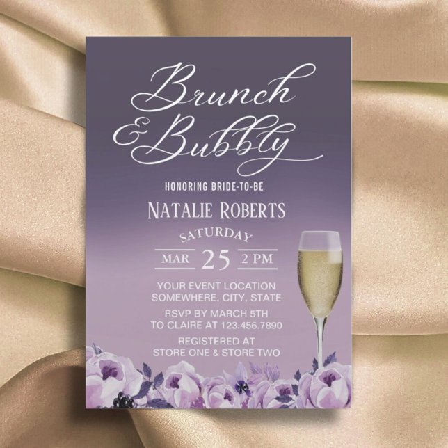 Invitation Fête des mariées Brunch Bubbly Élégant Purple Flor (Créateur téléchargé)