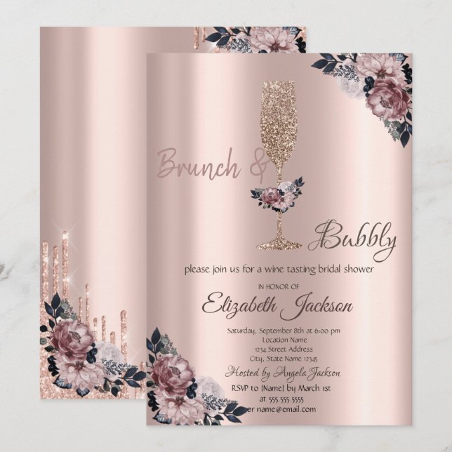 Invitation Fête des mariées Brunch & Bubbly Floral Drives (Devant / Derrière)