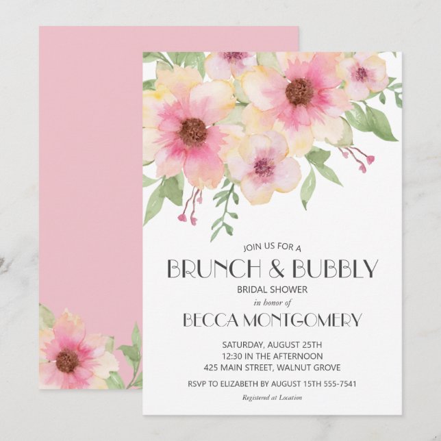 Invitation Fête des mariées Brunch et bubbly Floral (Devant / Derrière)