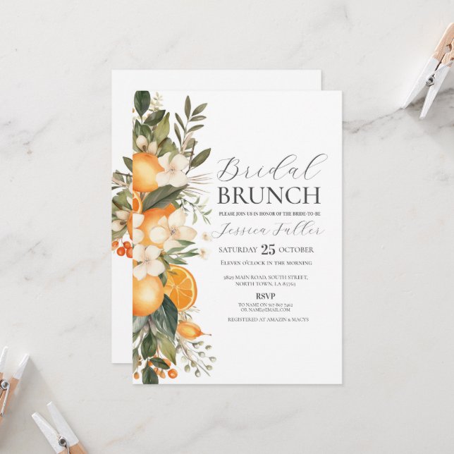 Invitation Fête des mariées Brunch Floral Bachelorette Fruit (Devant/Arrière en situation)