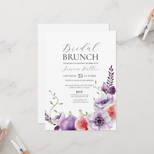 Invitation Fête des mariées Brunch Floral Purple Fig Fruit (Devant/Arrière en situation)