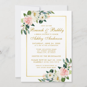 Invitation Fête des mariées Brunch Rose Floral Gold Invitatio