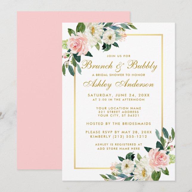 Invitation Fête des mariées Brunch Rose Floral Gold Invitatio (Devant / Derrière)