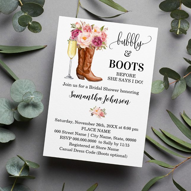 Invitation Fête des mariées Bubbly & Boots Fleurs roses (Créateur téléchargé)