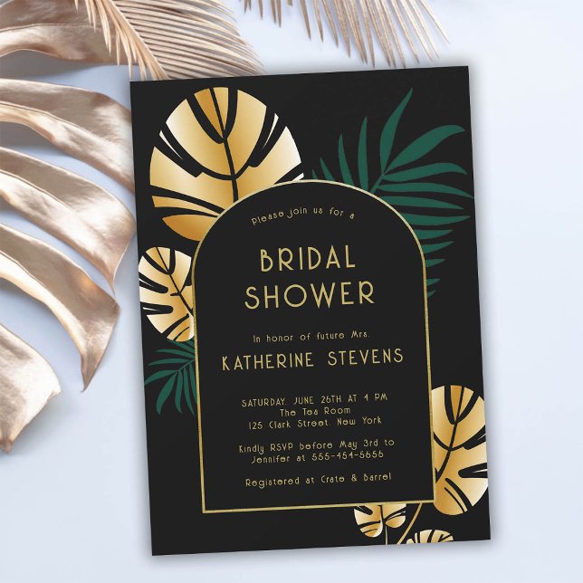 Invitation Fête des mariées cadre Art déco tropical Jungle Bo (art deco tropical jungle black gold bridal shower invitation gatsby roaring 20s elegant botanical )