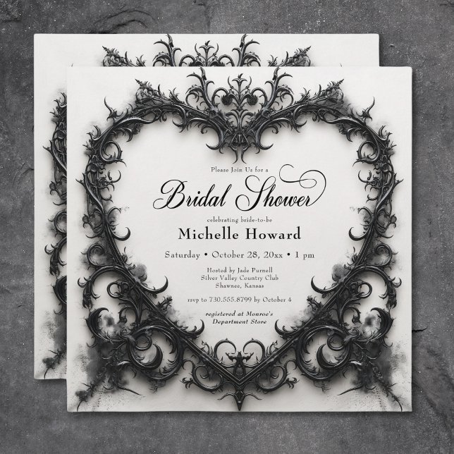Invitation Fête des mariées cardiaque gothique noir et blanc  (Gothic Black & White Filigree Heart Bridal Shower Invitation)