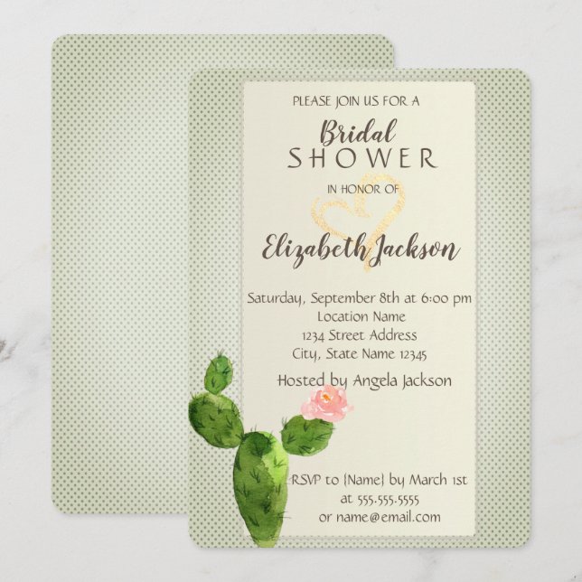 Invitation Fête des mariées cardiaque Pois moderne Cactus (Devant / Derrière)