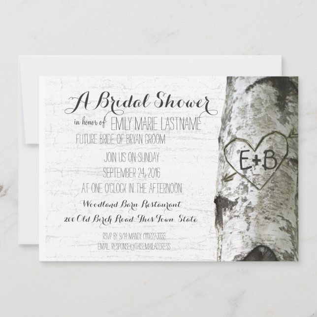 Invitation Fête des mariées Carved Heart Birch Tree (Devant)