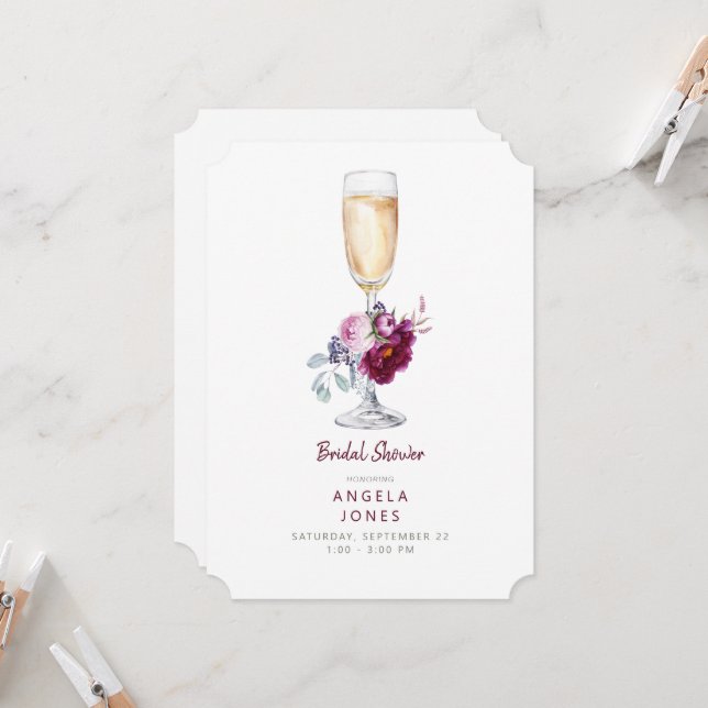 Invitation Fête des mariées Champagne Pink & Burgundy Peony (Devant/Arrière en situation)