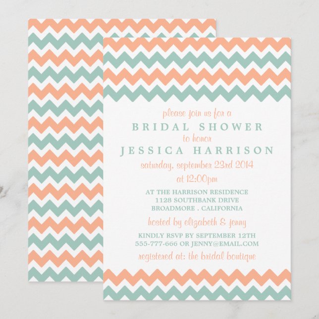 Invitation Fête des mariées Chevron Peach & Mint moderne (Devant / Derrière)