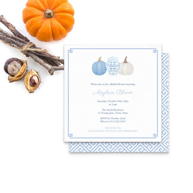 Invitation Fête des mariées Chic Bleu Et Blanc Citrouille Aut (Square light blue white pumpkins with ginger jar. Greek Key pattern on reverse and border on front)