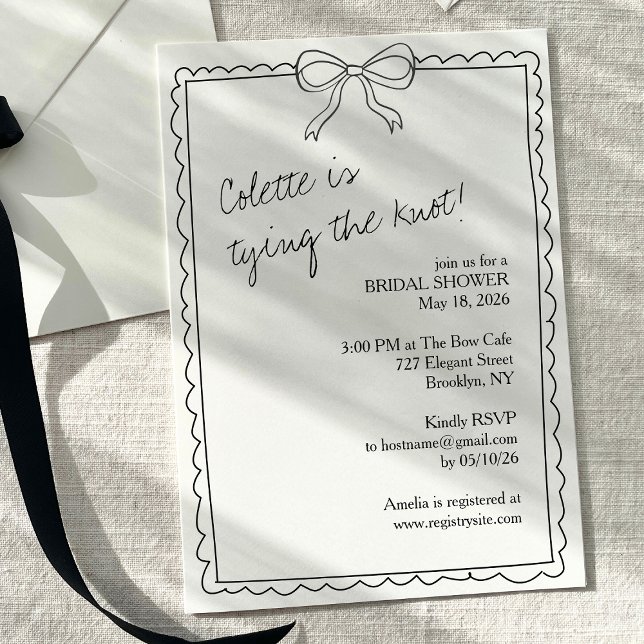 Invitation Fête des mariées chic élégante à la main classique (Minimalist elegance meets timeless charm in this chic black & white bow bridal shower invitation.)