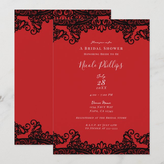 Invitation Fête des mariées chic élégante en dentelle rouge e (Devant / Derrière)