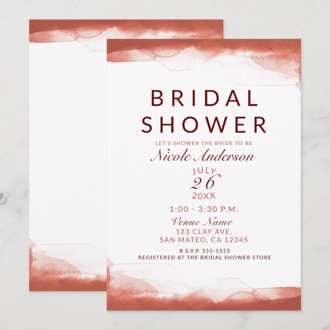 Invitation Fête des mariées chic en argile rouille rouge (Devant / Derrière)