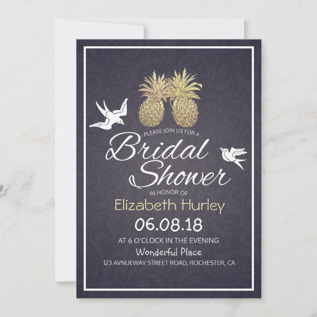 Invitation Fête des mariées Chic Gold Ananas Couple Marine Bl (Devant)