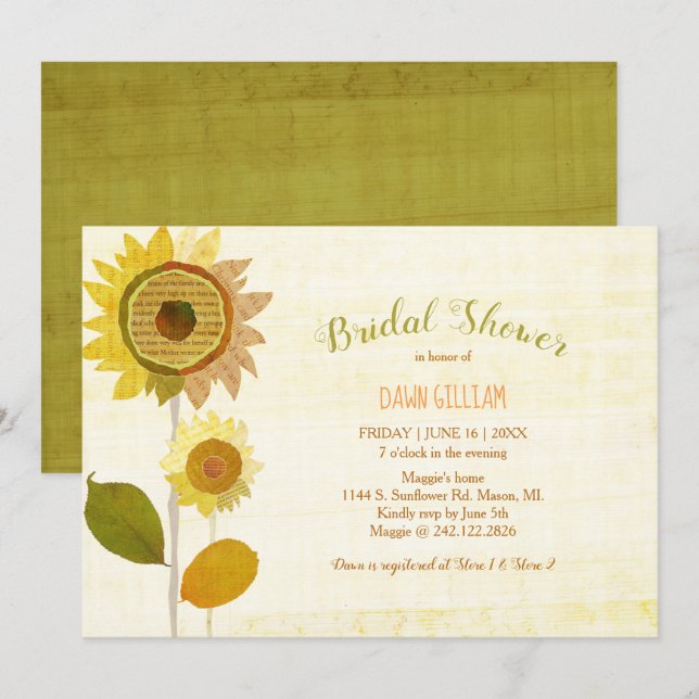 Invitation Fête des mariées chic Jardin tournesol (Devant / Derrière)