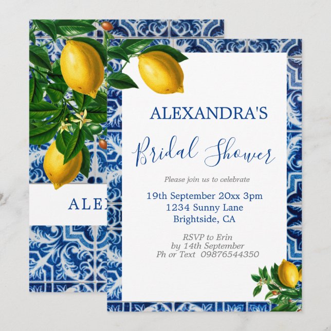 Invitation Fête des mariées Citrons Bleu Blanc Toscan Carrela (Devant / Derrière)