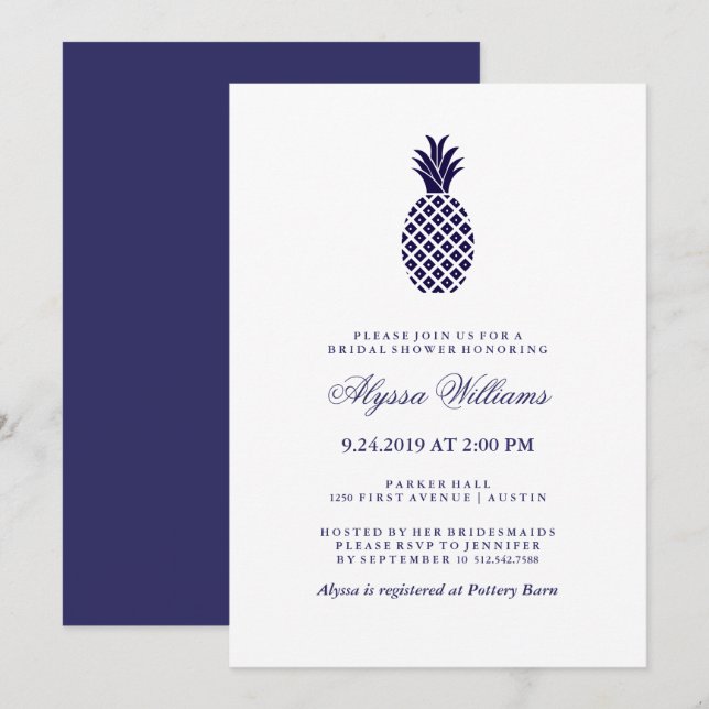 Invitation Fête des mariées classique à ananas de la marine (Devant / Derrière)