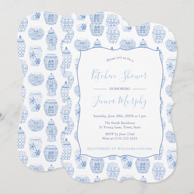 Invitation Fête des mariées Classique Bleu Et Blanc (Devant / Derrière)
