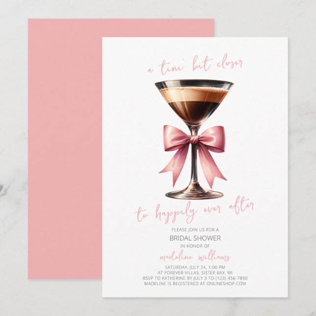 Invitation Fête des mariées Coquette Bow Espresso Martini (Devant / Derrière)