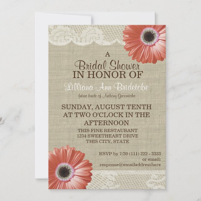 Invitation Fête des mariées coral daisy et dentelle (Devant)