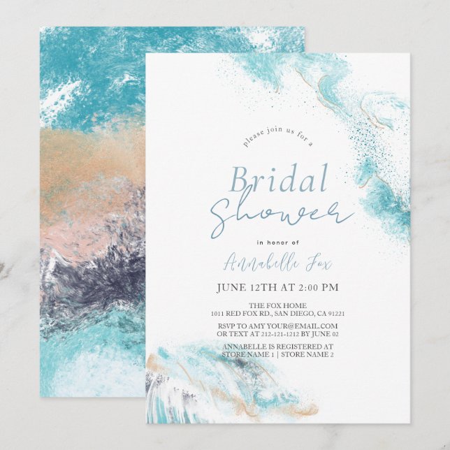 Invitation Fête des mariées côtière des vagues bleues éclabou (Devant / Derrière)