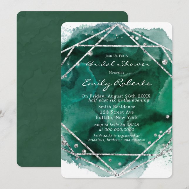 Invitation Fête des mariées couleur argent Emerald Green (Devant / Derrière)