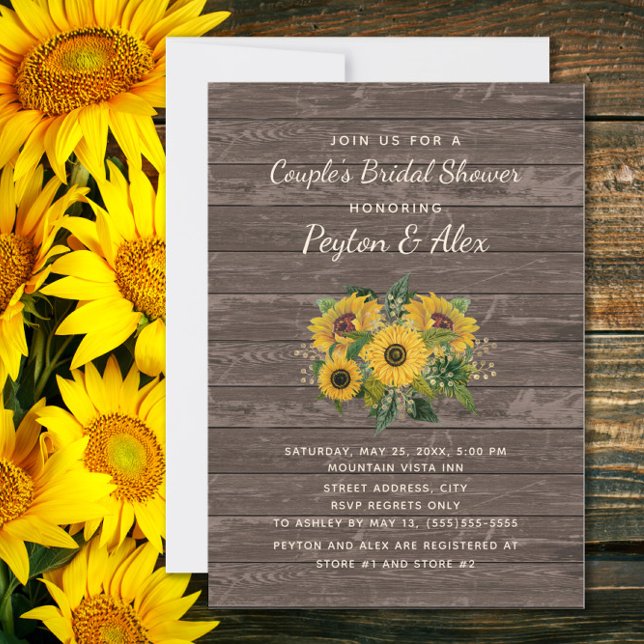 Invitation Fête des mariées Couples Fleurs de soleil en bois  (Sunflowers on rustic wood couples bridal shower invitation)