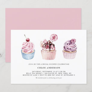 Invitation Fête des mariées Cupcakes rose et violet à l'aquar