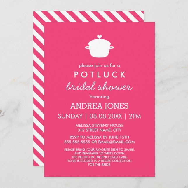 Invitation Fête des mariées Cute Potluck | Blanc rose (Devant / Derrière)