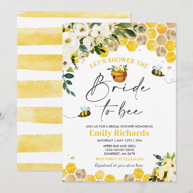 Invitation Fête des mariées d'abeilles Mariée Florale blanche (Devant / Derrière)