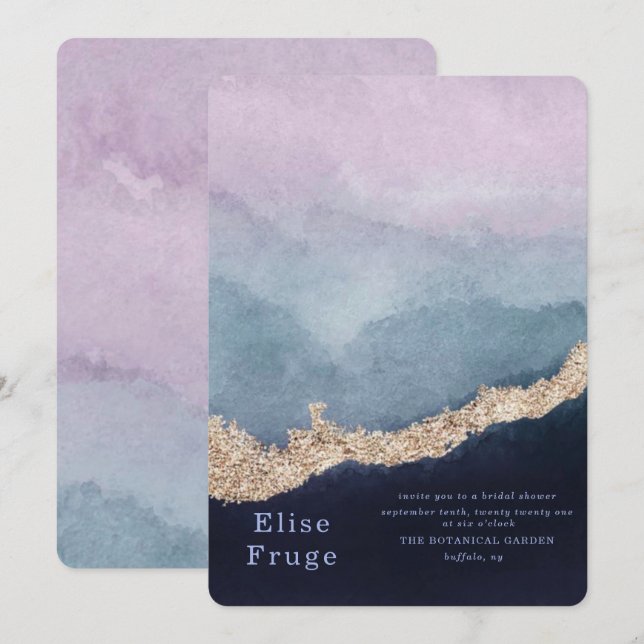 Invitation Fête des mariées d'agate d'aquarelle bleu violet (Devant / Derrière)