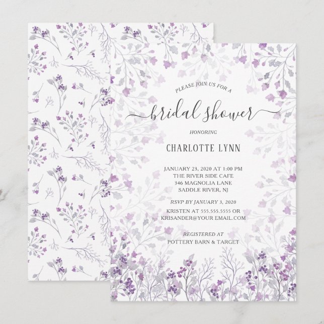 Invitation Fête des mariées Dainty Purple Aquarelle Fleurs (Devant / Derrière)