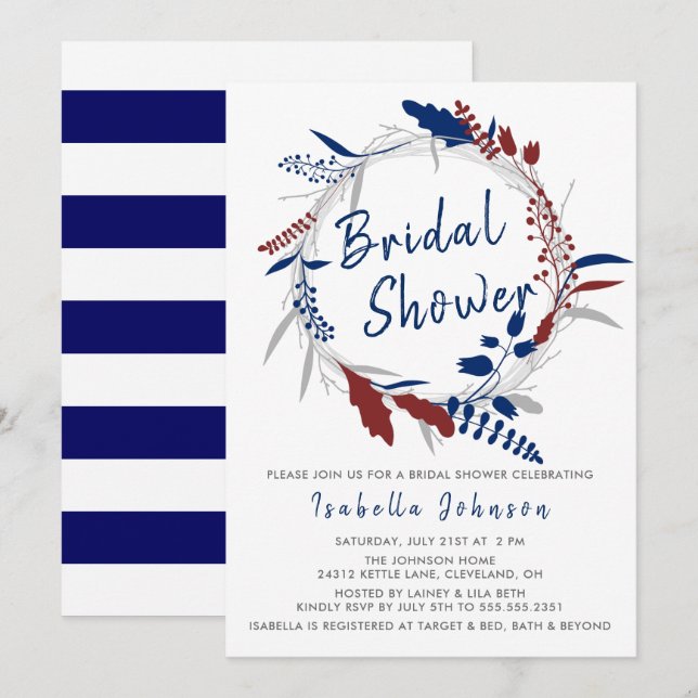 Invitation Fête des mariées dans une couronne florale bleu lu (Devant / Derrière)