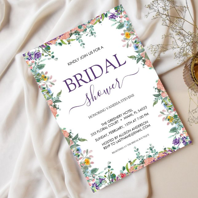 Invitation Fête des mariées d'aquarelle blanche et violette (Créateur téléchargé)