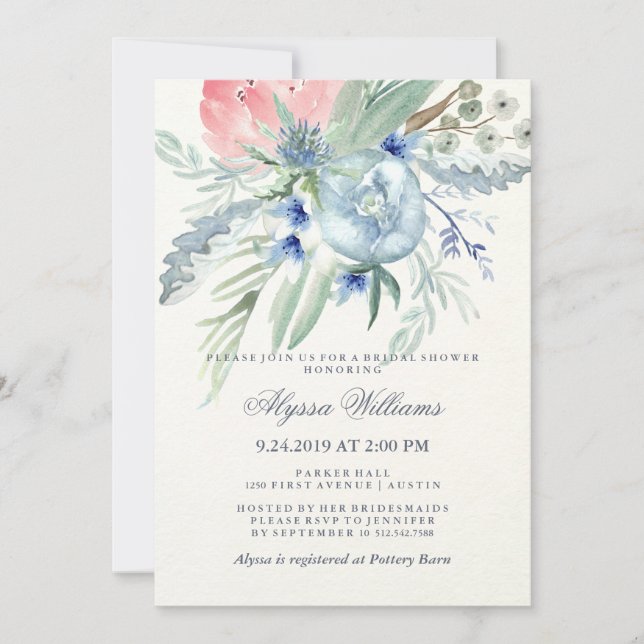 Invitation Fête des mariées d'aquarelle bleu et rose Peony (Devant)