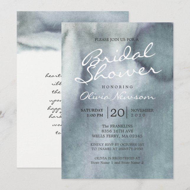 Invitation Fête des mariées d'aquarelle bleu foncé (Devant / Derrière)