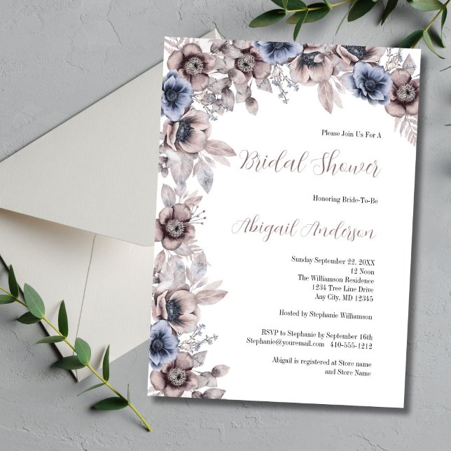 Invitation Fête des mariées d'aquarelle bleu foncé (Dusty Pink and Blue Watercolor Florals Bridal Shower Invitation)