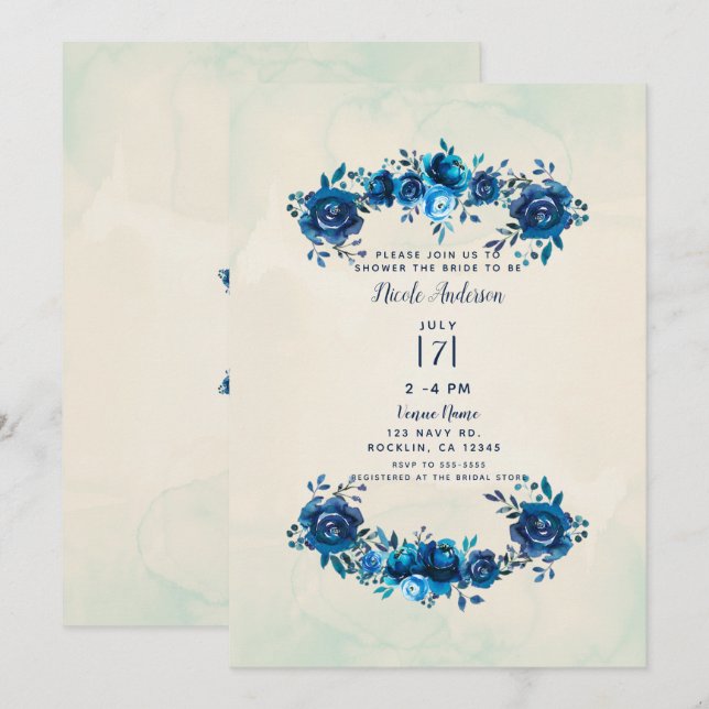 Invitation Fête des mariées d'aquarelle bleu Indigo Beige (Devant / Derrière)