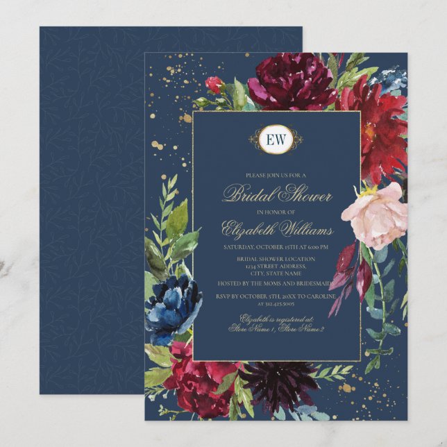 Invitation Fête des mariées d'aquarelle bleu marine, bourgogn (Devant / Derrière)